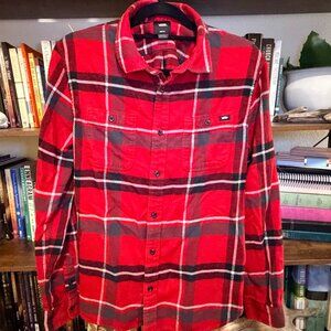 Vans Mens Medium Red and Navy Plaid Long-Sleeve Button-Up Shirt